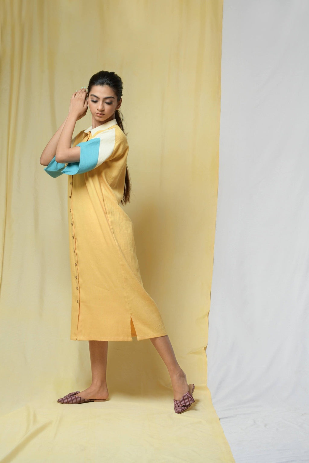 Yellow Beauty In Truth Shirt Dress at Kamakhyaa by Niraa. This item is Cotton khadi, Natural with azo dyes, Office Wear, Relaxed Fit, Shirt Dresses, Shirts, Solids, Tales of rippling brooks, Womenswear, Yellow