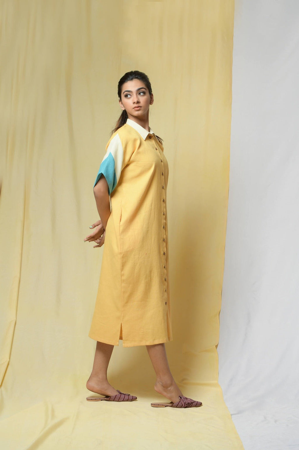 Yellow Beauty In Truth Shirt Dress at Kamakhyaa by Niraa. This item is Cotton khadi, Natural with azo dyes, Office Wear, Relaxed Fit, Shirt Dresses, Shirts, Solids, Tales of rippling brooks, Womenswear, Yellow