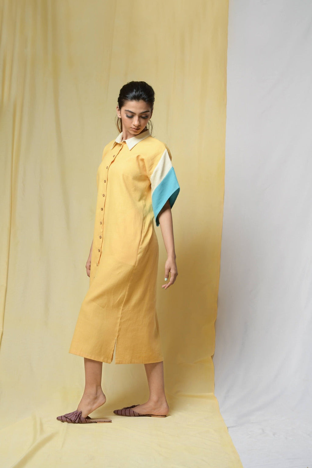 Yellow Beauty In Truth Shirt Dress at Kamakhyaa by Niraa. This item is Cotton khadi, Natural with azo dyes, Office Wear, Relaxed Fit, Shirt Dresses, Shirts, Solids, Tales of rippling brooks, Womenswear, Yellow