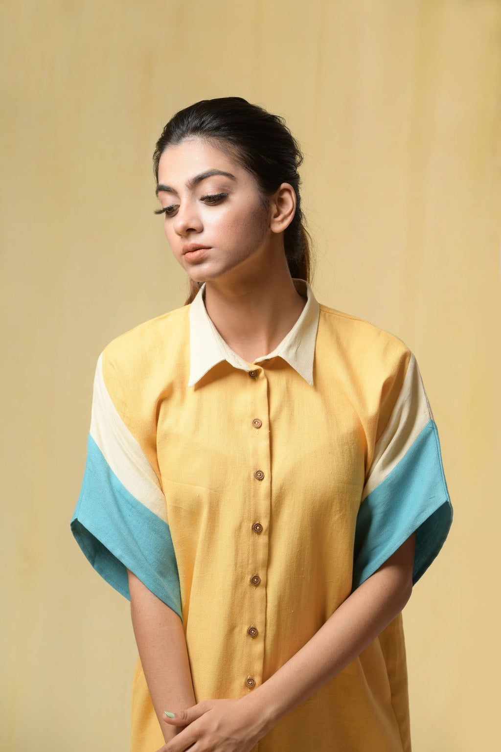 Yellow Beauty In Truth Shirt Dress at Kamakhyaa by Niraa. This item is Cotton khadi, Natural with azo dyes, Office Wear, Relaxed Fit, Shirt Dresses, Shirts, Solids, Tales of rippling brooks, Womenswear, Yellow