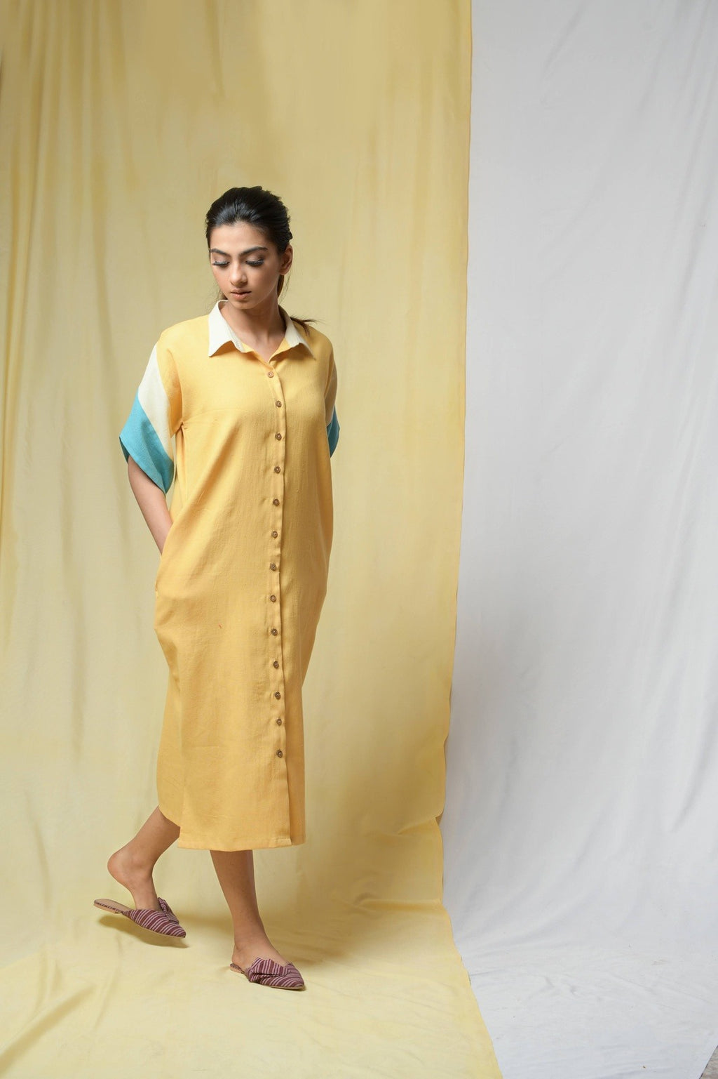 Yellow Beauty In Truth Shirt Dress at Kamakhyaa by Niraa. This item is Cotton khadi, Natural with azo dyes, Office Wear, Relaxed Fit, Shirt Dresses, Shirts, Solids, Tales of rippling brooks, Womenswear, Yellow