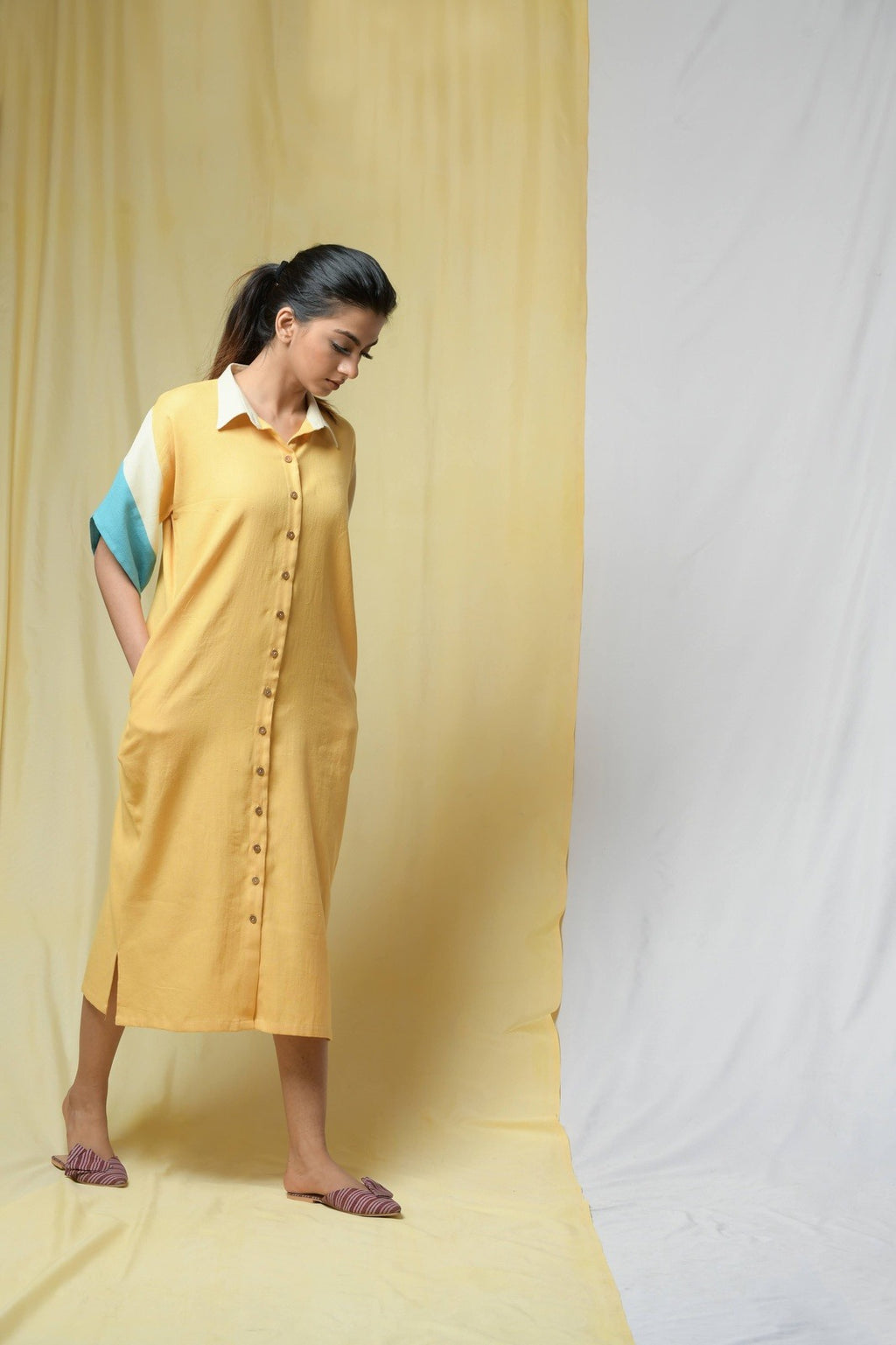 Yellow Beauty In Truth Shirt Dress at Kamakhyaa by Niraa. This item is Cotton khadi, Natural with azo dyes, Office Wear, Relaxed Fit, Shirt Dresses, Shirts, Solids, Tales of rippling brooks, Womenswear, Yellow