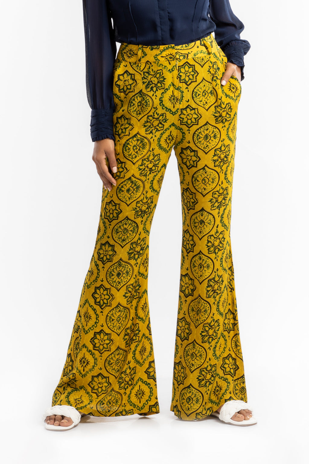 Yellow Bell Bottom Pant at Kamakhyaa by House Of Ara. This item is Ajrakh, Ajrakh Collection, Casual Wear, Cupro, Natural, Pants, Prints, Regular Fit, Womenswear, Yellow