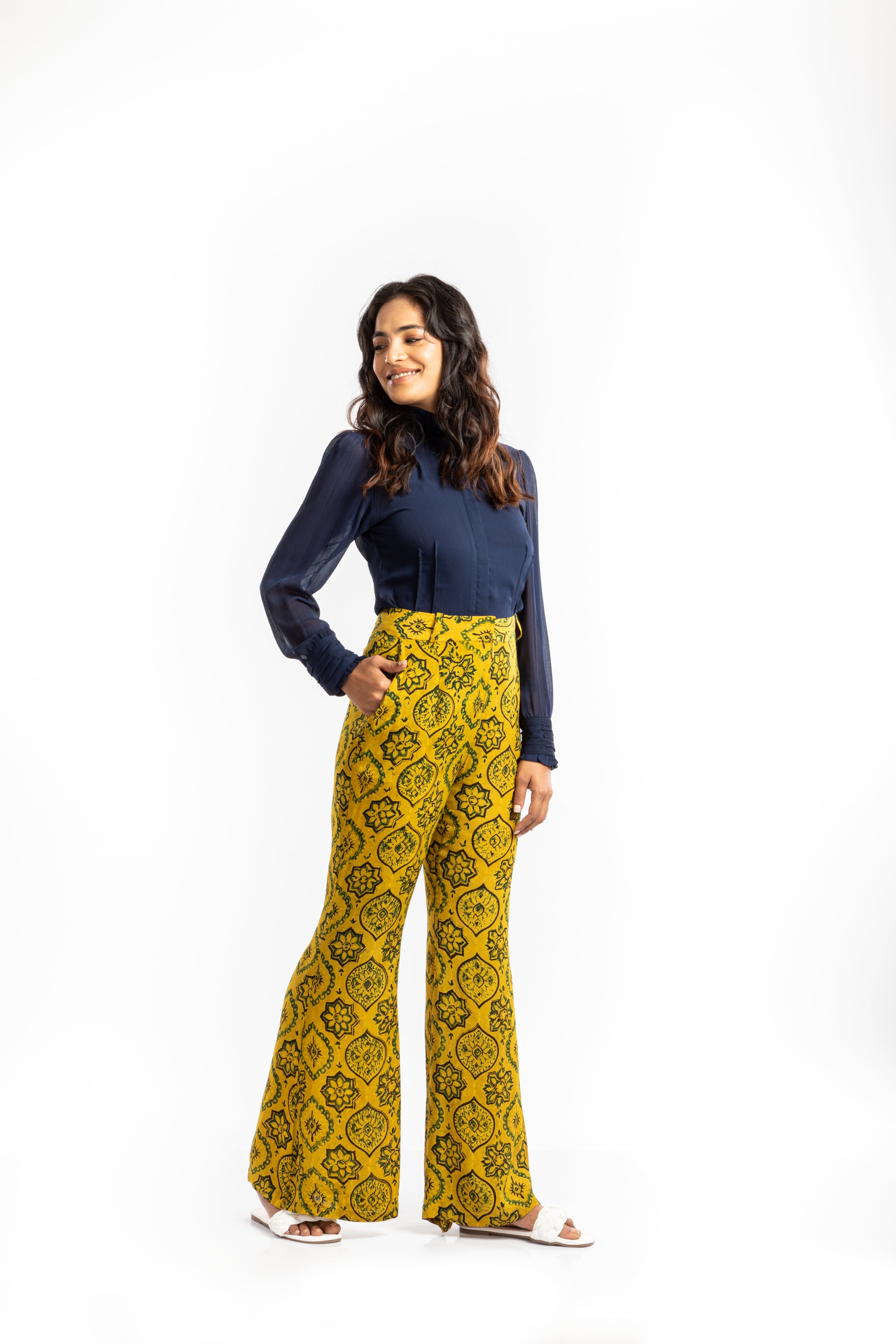 Yellow Bell Bottom Pant at Kamakhyaa by House Of Ara. This item is Ajrakh, Ajrakh Collection, Casual Wear, Cupro, Natural, Pants, Prints, Regular Fit, Womenswear, Yellow