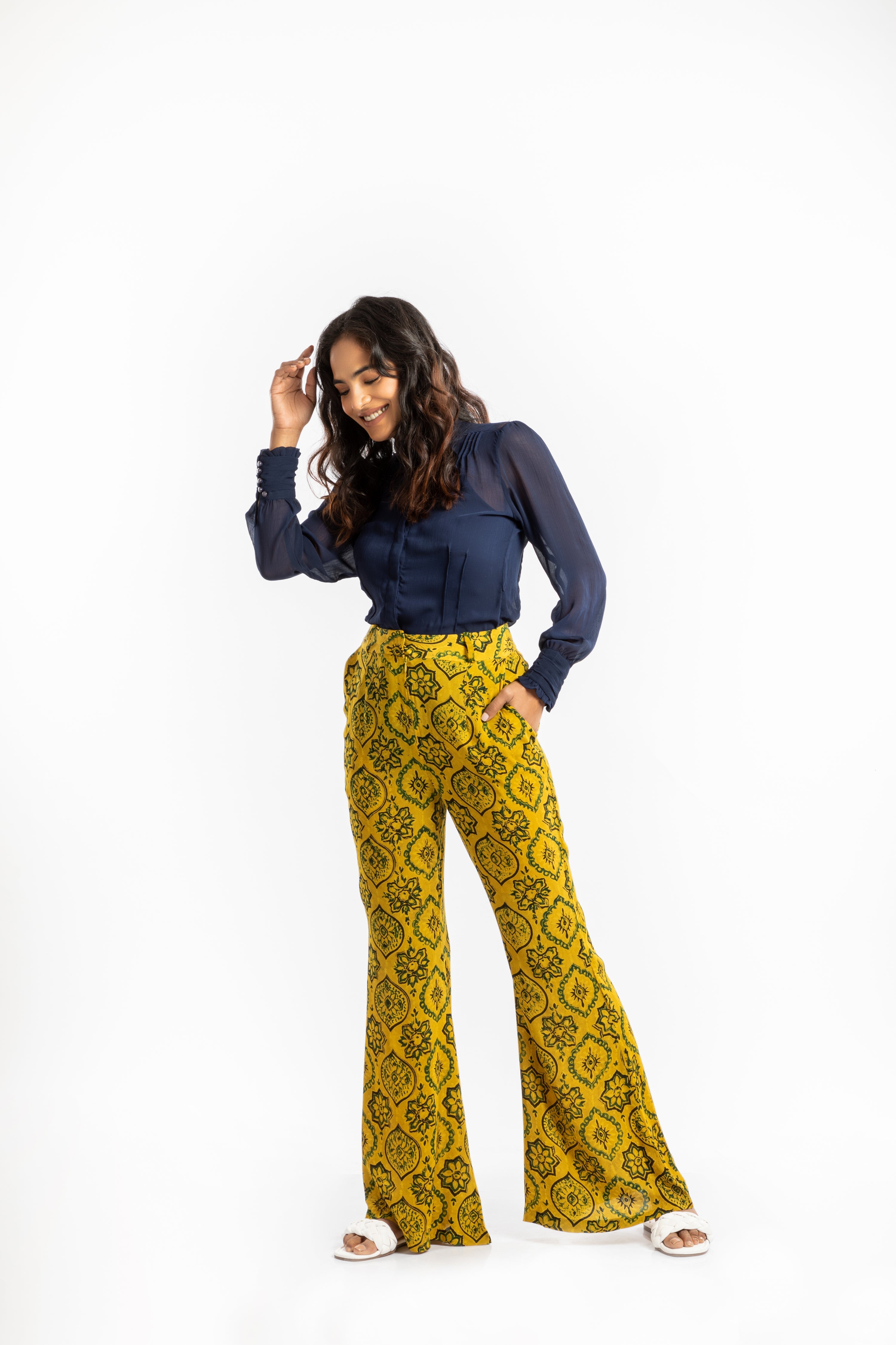 Yellow Bell Bottom Pant at Kamakhyaa by House Of Ara. This item is Ajrakh, Ajrakh Collection, Casual Wear, Cupro, Natural, Pants, Prints, Regular Fit, Womenswear, Yellow