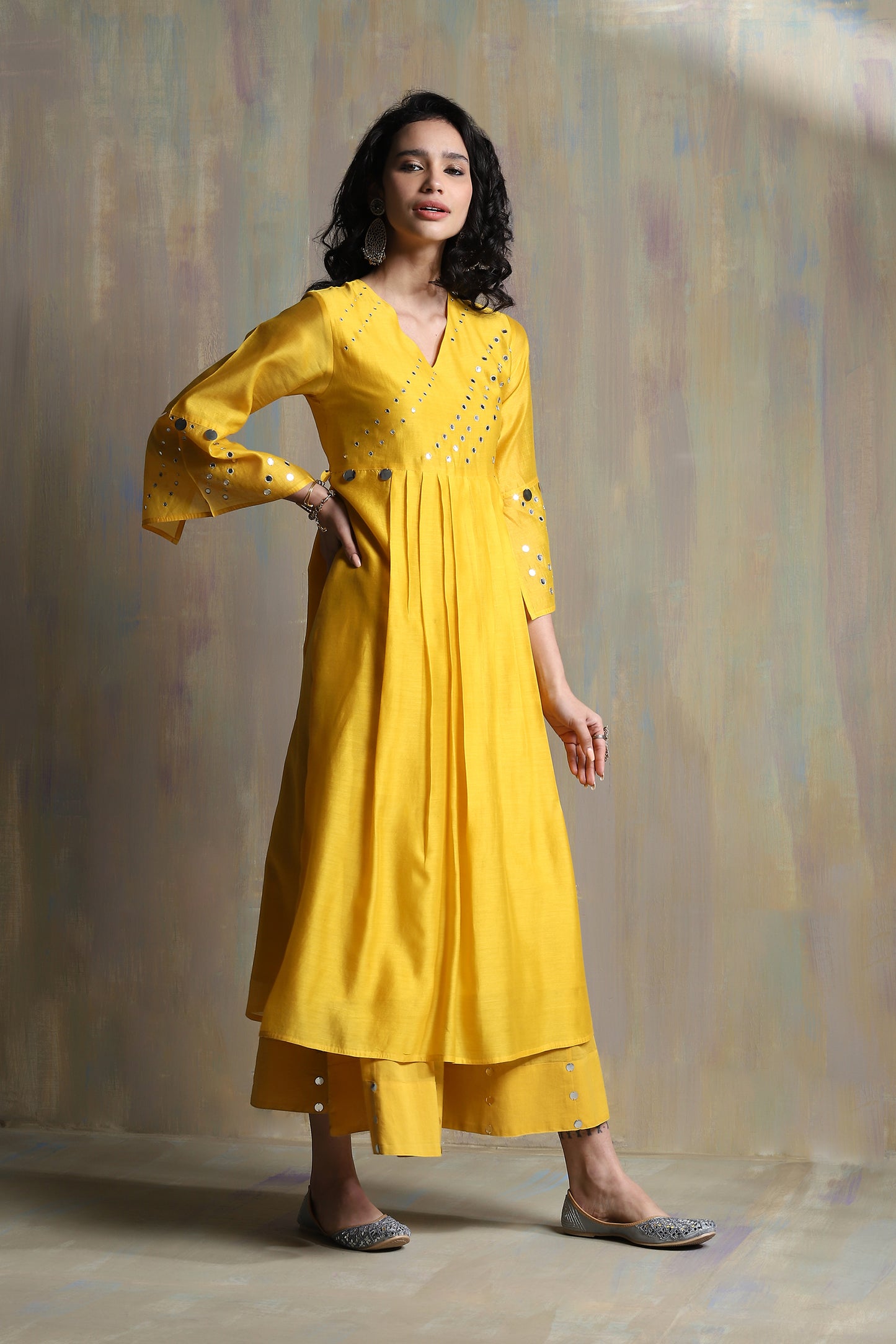 Yellow Bell Sleeves Kurta Set - Set of 3 at Kamakhyaa by Charkhee. This item is Chanderi, Cotton, Festive Wear, Indian Wear, Kurta Palazzo Sets, Kurta Set With Dupatta, Natural, Regular Fit, Solids, Womenswear, Yellow