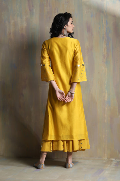 Yellow Bell Sleeves Kurta Set - Set of 3 at Kamakhyaa by Charkhee. This item is Chanderi, Cotton, Festive Wear, Indian Wear, Kurta Palazzo Sets, Kurta Set With Dupatta, Natural, Regular Fit, Solids, Womenswear, Yellow