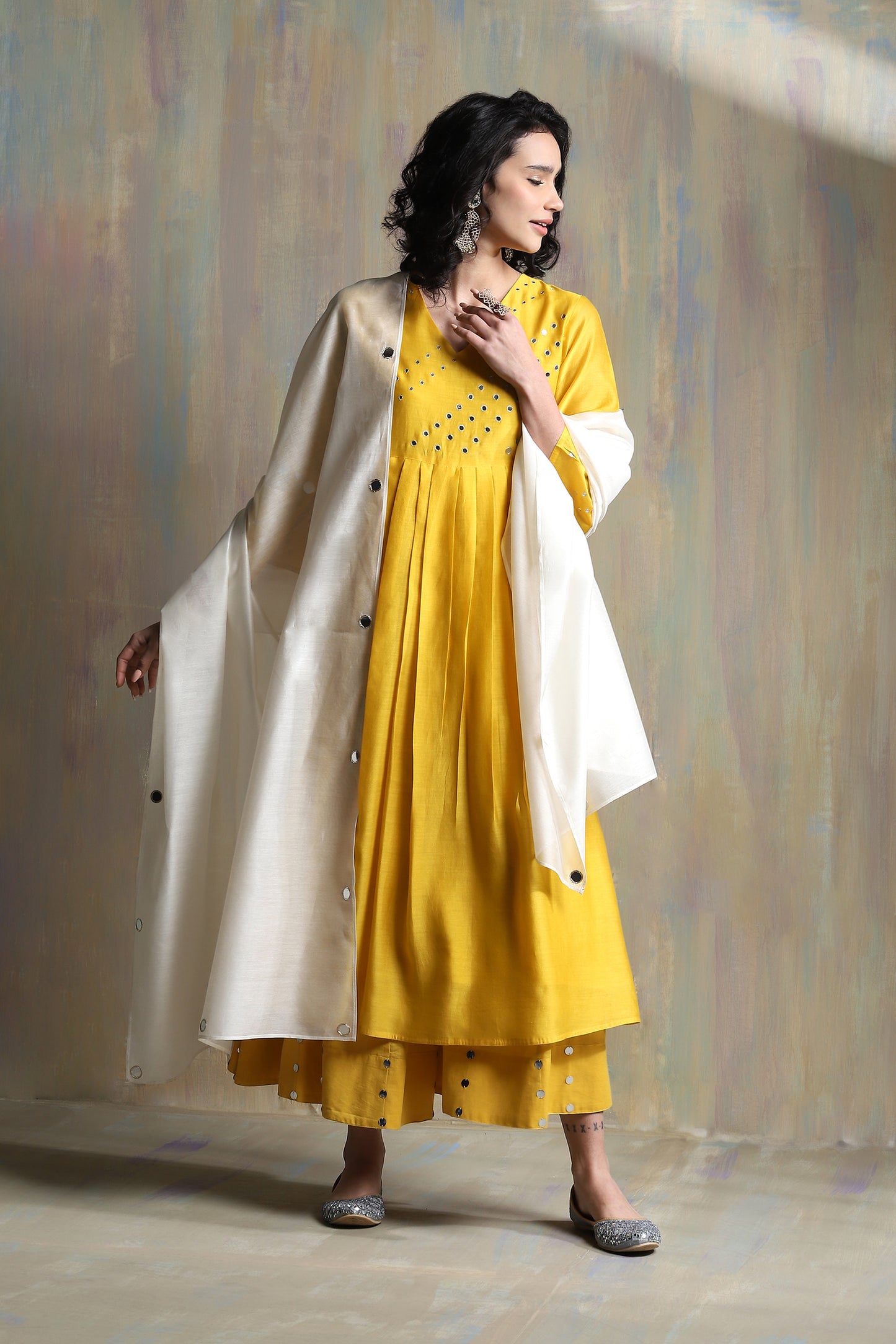 Yellow Bell Sleeves Kurta Set - Set of 3 at Kamakhyaa by Charkhee. This item is Chanderi, Cotton, Festive Wear, Indian Wear, Kurta Palazzo Sets, Kurta Set With Dupatta, Natural, Regular Fit, Solids, Womenswear, Yellow