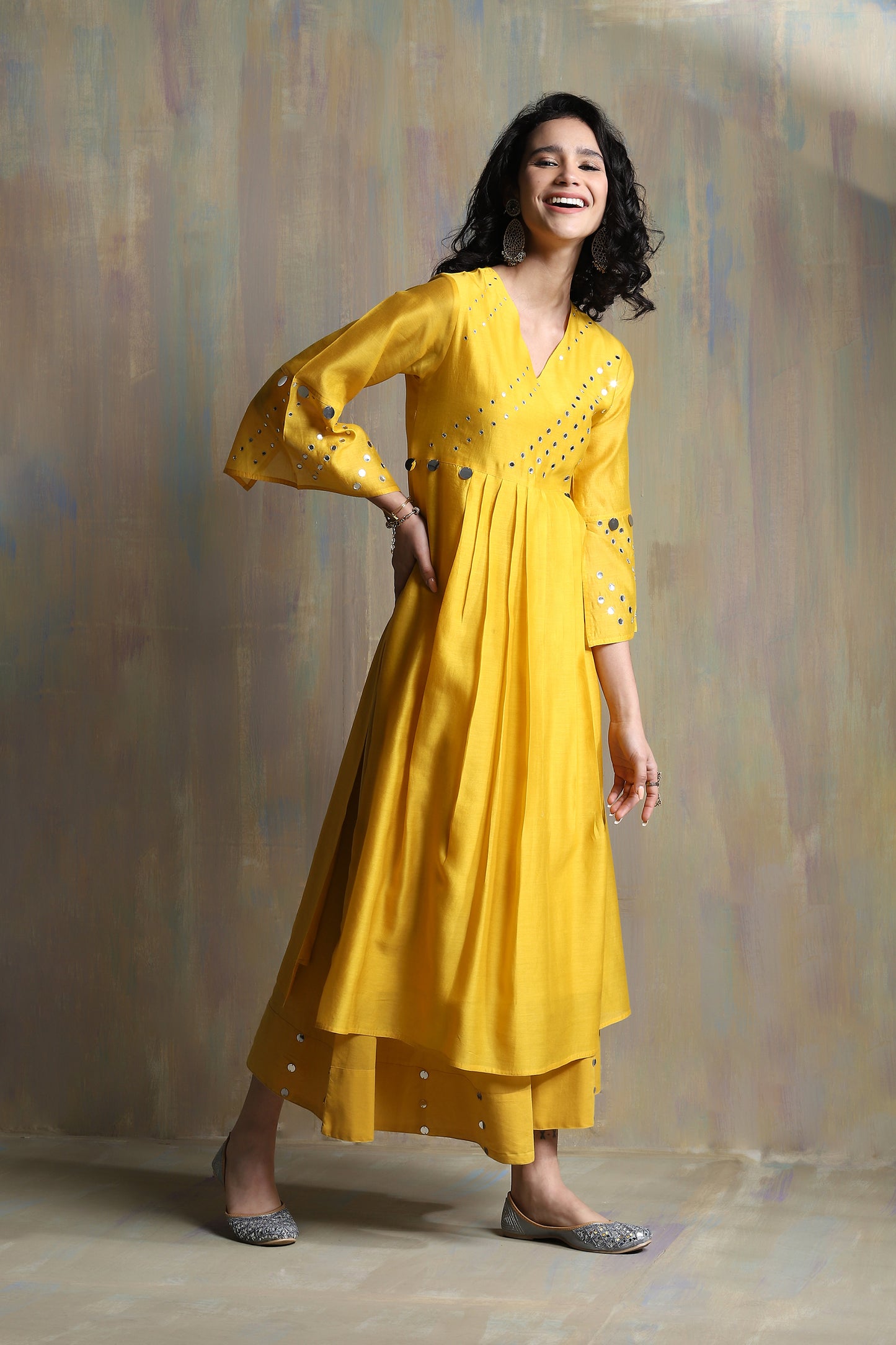 Yellow Bell Sleeves Kurta Set - Set of 3 at Kamakhyaa by Charkhee. This item is Chanderi, Cotton, Festive Wear, Indian Wear, Kurta Palazzo Sets, Kurta Set With Dupatta, Natural, Regular Fit, Solids, Womenswear, Yellow