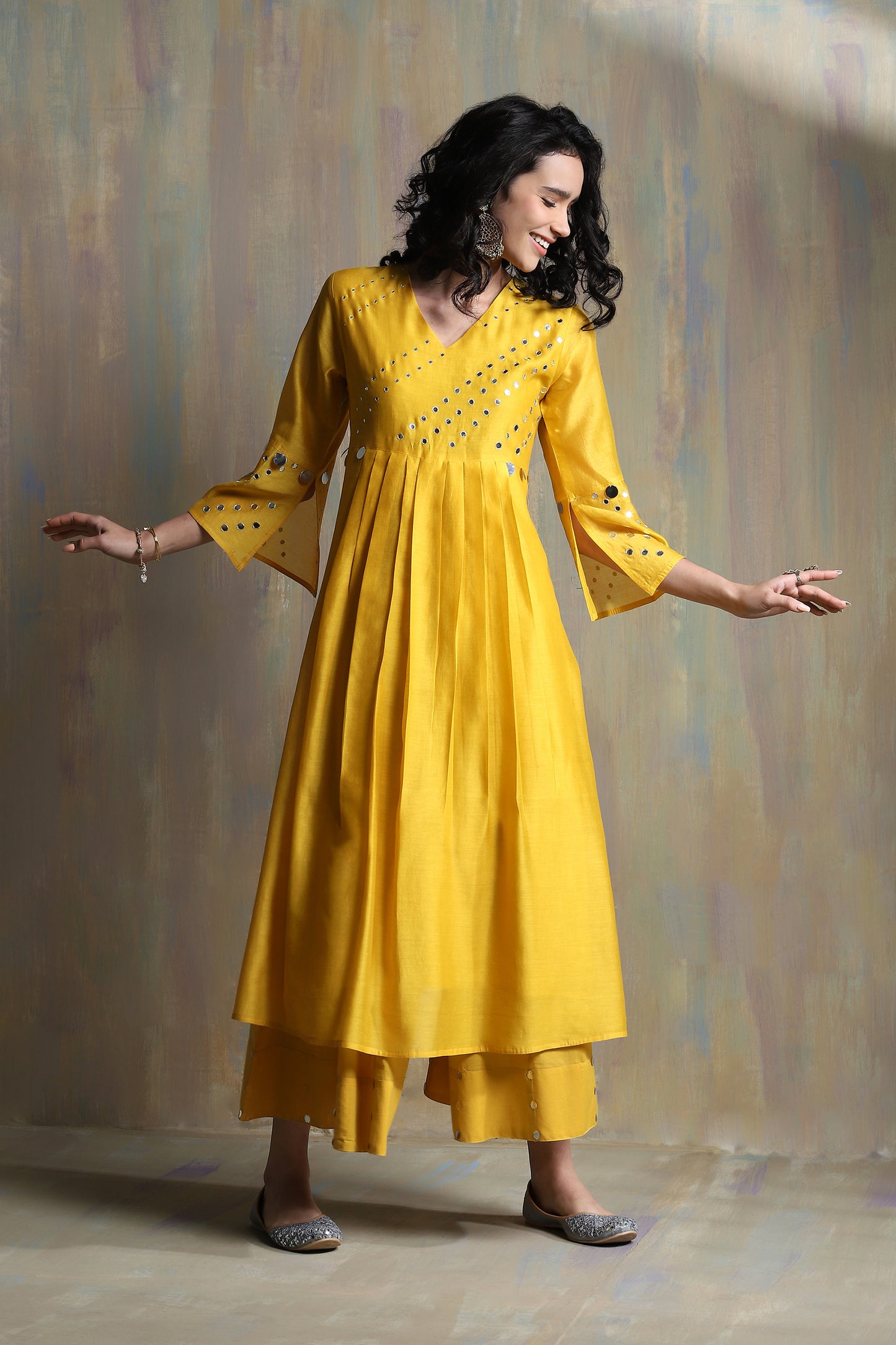 Yellow Bell Sleeves Kurta Set - Set of 3 at Kamakhyaa by Charkhee. This item is Chanderi, Cotton, Festive Wear, Indian Wear, Kurta Palazzo Sets, Kurta Set With Dupatta, Natural, Regular Fit, Solids, Womenswear, Yellow