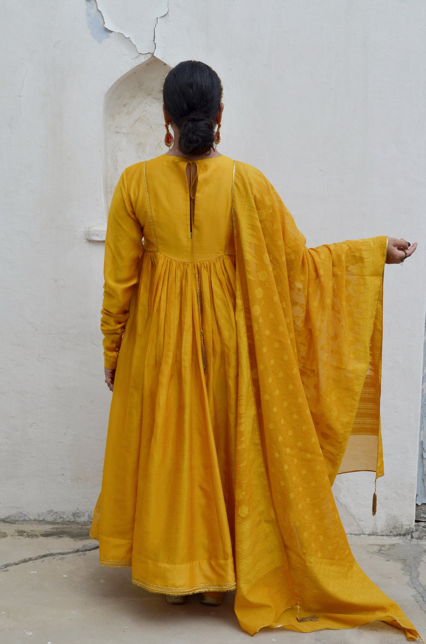 Yellow Chanderi Anakali with Dupatta at Kamakhyaa by Ahmev. This item is Chanderi Silk, Co-ord Sets, Cotton, Embellished, Evening Wear, Festive Wear, Kurta Set with Dupattas, Party Wear, Regular Fit, Rumi, Solids, Womenswear, Yellow