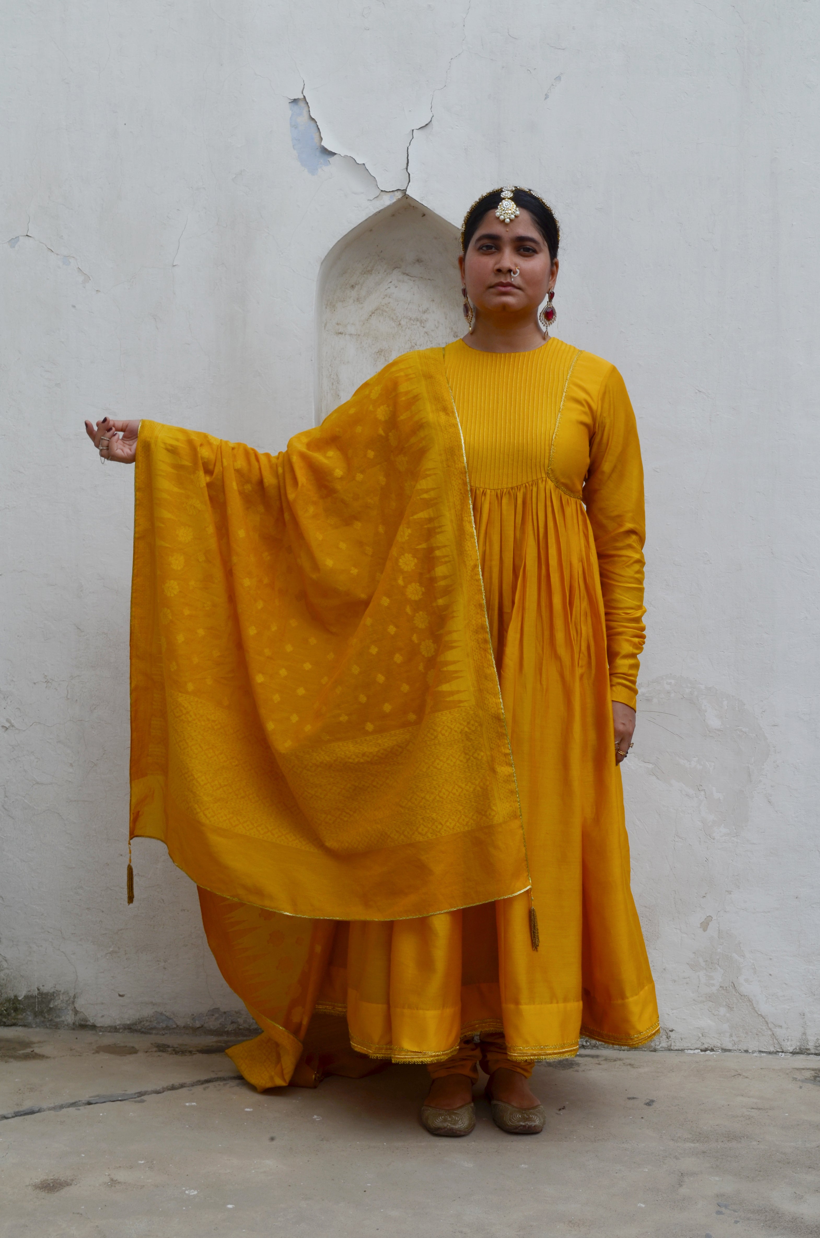 Yellow Chanderi Anakali with Dupatta at Kamakhyaa by Ahmev. This item is Chanderi Silk, Co-ord Sets, Cotton, Embellished, Evening Wear, Festive Wear, Kurta Set with Dupattas, Party Wear, Regular Fit, Rumi, Solids, Womenswear, Yellow