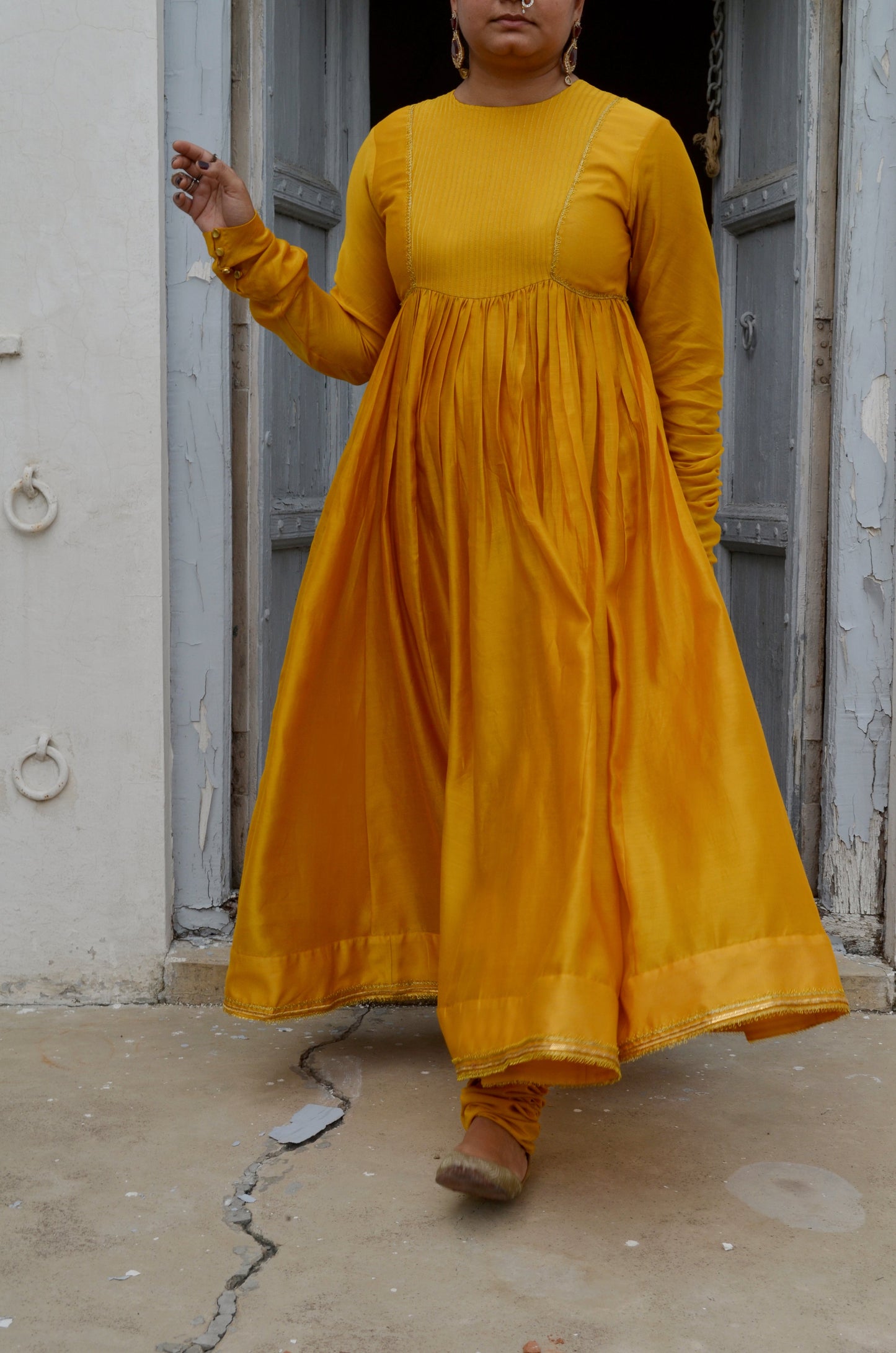 Yellow Chanderi Anakali with Dupatta at Kamakhyaa by Ahmev. This item is Chanderi Silk, Co-ord Sets, Cotton, Embellished, Evening Wear, Festive Wear, Kurta Set with Dupattas, Party Wear, Regular Fit, Rumi, Solids, Womenswear, Yellow