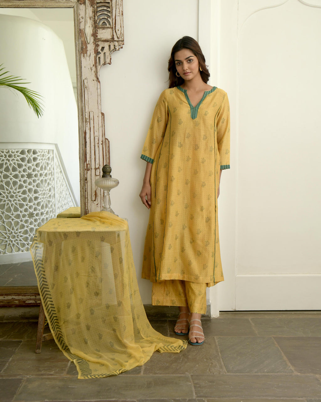 Yellow Chanderi Silk Kurta Set With Dupatta at Kamakhyaa by Taro. This item is Evening Wear, Gulzar Taro, Handwoven Chanderi silk, Indian Wear, July Sale, July Sale 2023, Kurta Pant Sets, Kurta Set With Dupatta, Natural, Prints, Regular Fit, Womenswear, Yellow