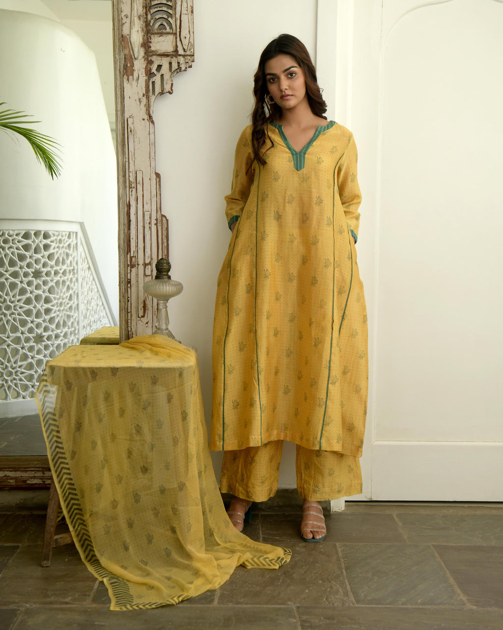 Yellow Chanderi Silk Kurta Set With Dupatta at Kamakhyaa by Taro. This item is Evening Wear, Gulzar Taro, Handwoven Chanderi silk, Indian Wear, July Sale, July Sale 2023, Kurta Pant Sets, Kurta Set With Dupatta, Natural, Prints, Regular Fit, Womenswear, Yellow