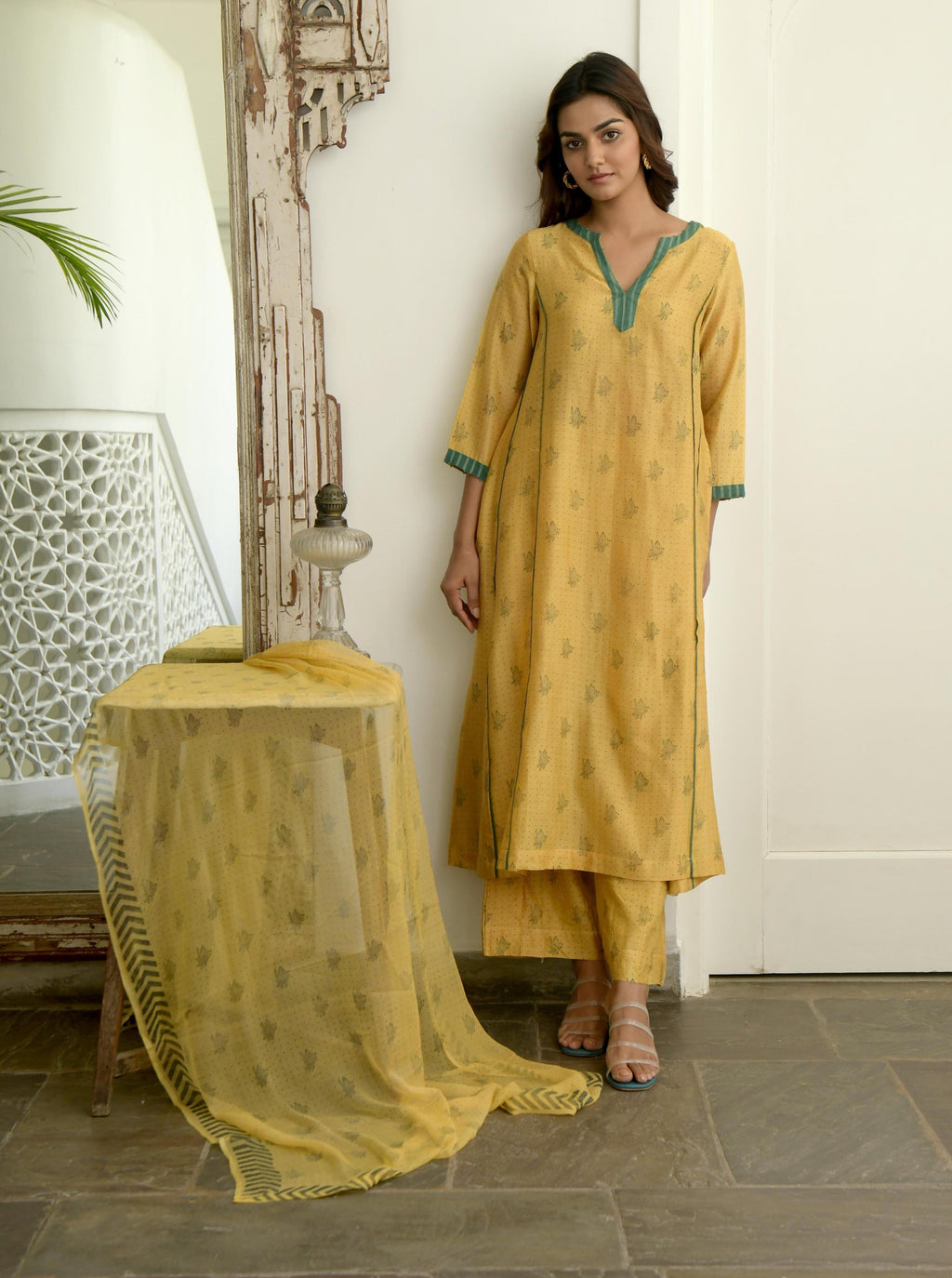Yellow Chanderi Silk Kurta Set With Dupatta at Kamakhyaa by Taro. This item is Evening Wear, Gulzar Taro, Handwoven Chanderi silk, Indian Wear, July Sale, July Sale 2023, Kurta Pant Sets, Kurta Set With Dupatta, Natural, Prints, Regular Fit, Womenswear, Yellow