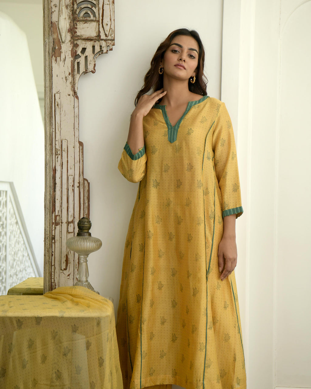 Yellow Chanderi Silk Kurta Set With Dupatta at Kamakhyaa by Taro. This item is Evening Wear, Gulzar Taro, Handwoven Chanderi silk, Indian Wear, July Sale, July Sale 2023, Kurta Pant Sets, Kurta Set With Dupatta, Natural, Prints, Regular Fit, Womenswear, Yellow