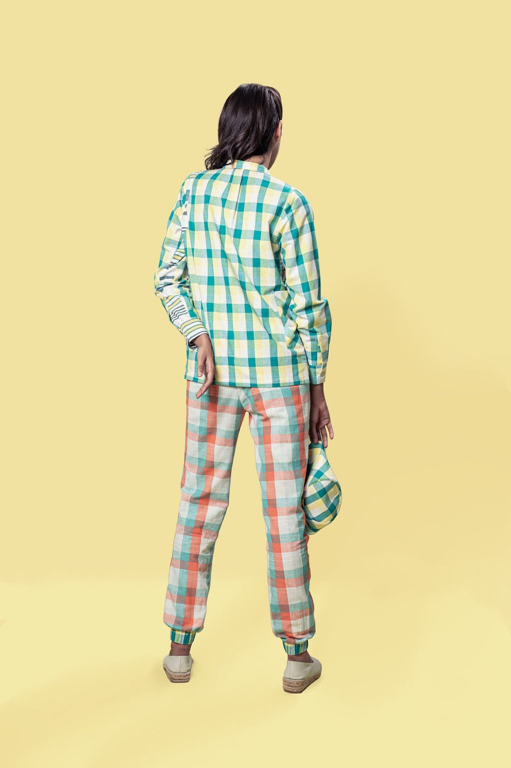 Yellow Check Shirt with Pockets at Kamakhyaa by Anushé Pirani. This item is Checks, Cotton, Handwoven cotton, July Sale, July Sale 2023, Multicolor, Natural, Of Myriad Minds, Office Wear, Playful Linen, Playful Office Wear, sale anushe pirani, Shirts, Solids, Womenswear, Yellow