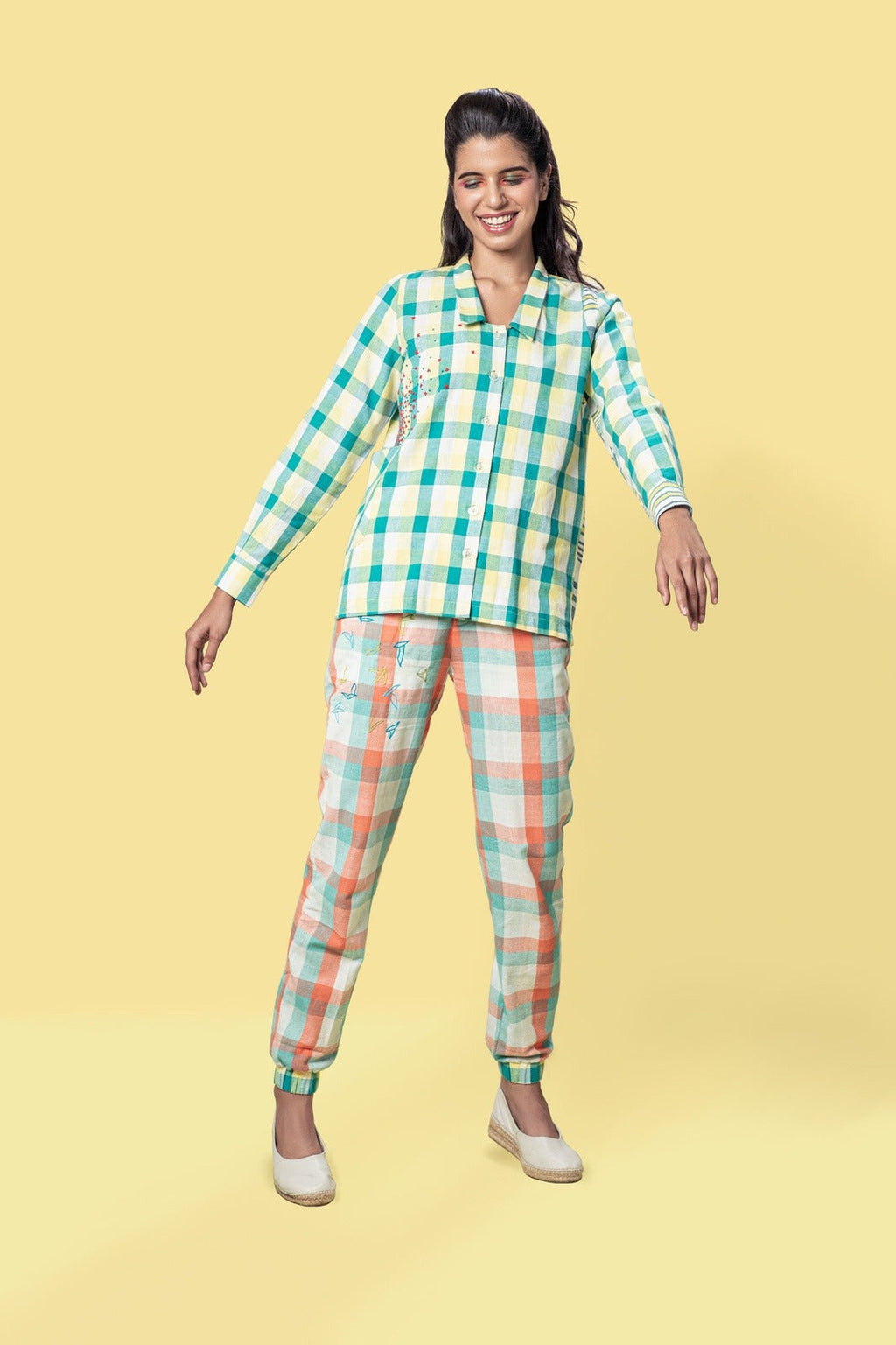 Yellow Check Shirt with Pockets at Kamakhyaa by Anushé Pirani. This item is Checks, Cotton, Handwoven cotton, July Sale, July Sale 2023, Multicolor, Natural, Of Myriad Minds, Office Wear, Playful Linen, Playful Office Wear, sale anushe pirani, Shirts, Solids, Womenswear, Yellow