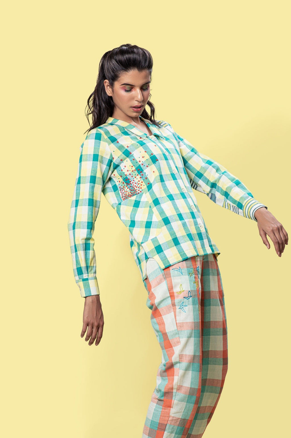 Yellow Check Shirt with Pockets at Kamakhyaa by Anushé Pirani. This item is Checks, Cotton, Handwoven cotton, July Sale, July Sale 2023, Multicolor, Natural, Of Myriad Minds, Office Wear, Playful Linen, Playful Office Wear, sale anushe pirani, Shirts, Solids, Womenswear, Yellow
