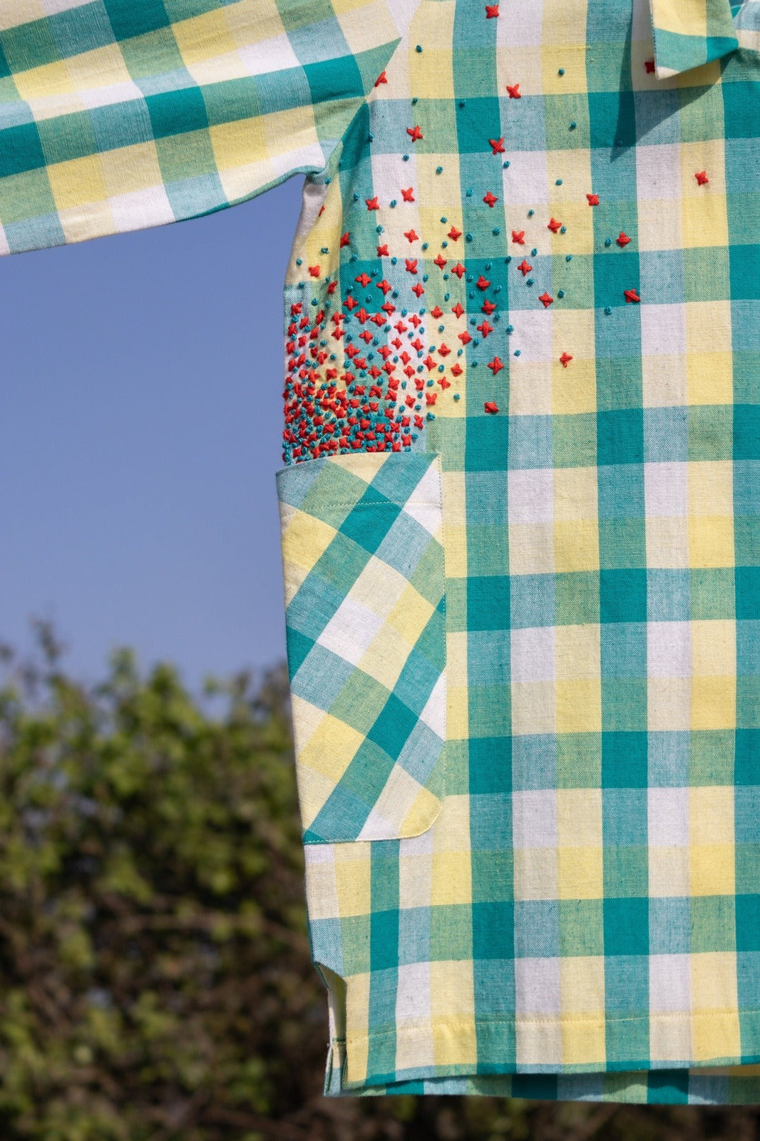 Yellow Check Shirt with Pockets at Kamakhyaa by Anushé Pirani. This item is Checks, Cotton, Handwoven cotton, July Sale, July Sale 2023, Multicolor, Natural, Of Myriad Minds, Office Wear, Playful Linen, Playful Office Wear, sale anushe pirani, Shirts, Solids, Womenswear, Yellow