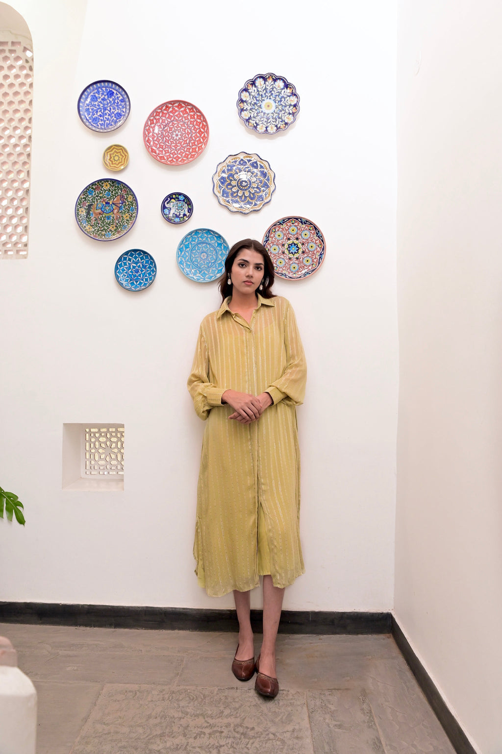 Yellow Cotton Crepe Shirt Dress at Kamakhyaa by Taro. This item is Chaandi, Cotton, Cotton Lurex, Natural, Regular Fit, Shirt Dresses, Silver, Solids, Womenswear, Yellow