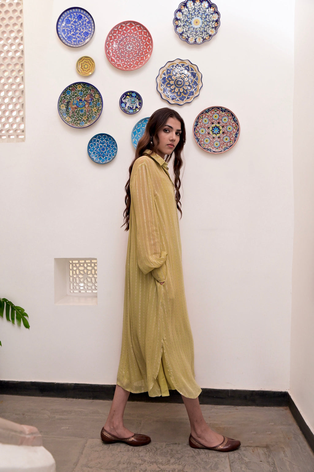 Yellow Cotton Crepe Shirt Dress at Kamakhyaa by Taro. This item is Chaandi, Cotton, Cotton Lurex, Natural, Regular Fit, Shirt Dresses, Silver, Solids, Womenswear, Yellow