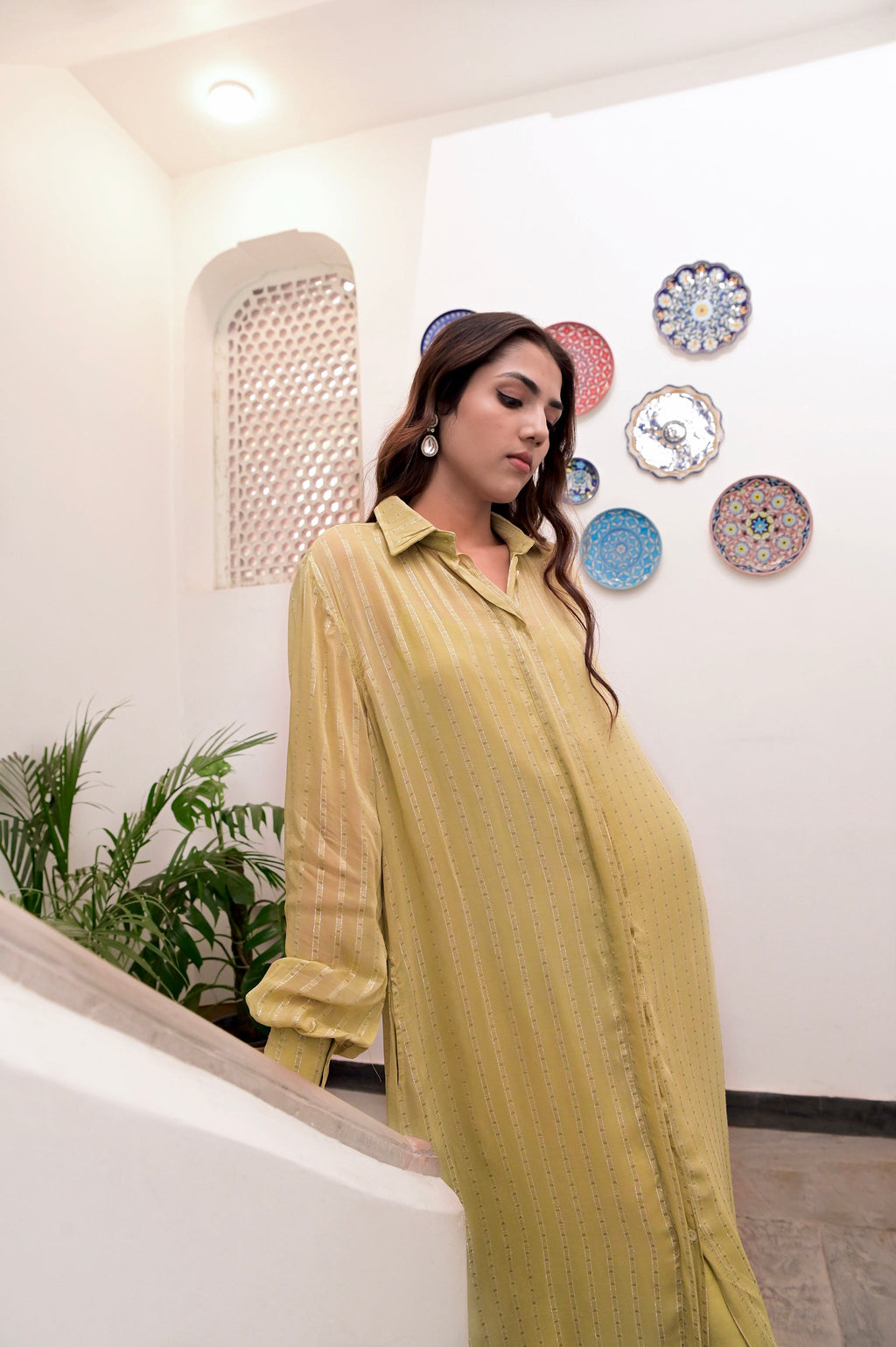 Yellow Cotton Crepe Shirt Dress at Kamakhyaa by Taro. This item is Chaandi, Cotton, Cotton Lurex, Natural, Regular Fit, Shirt Dresses, Silver, Solids, Womenswear, Yellow