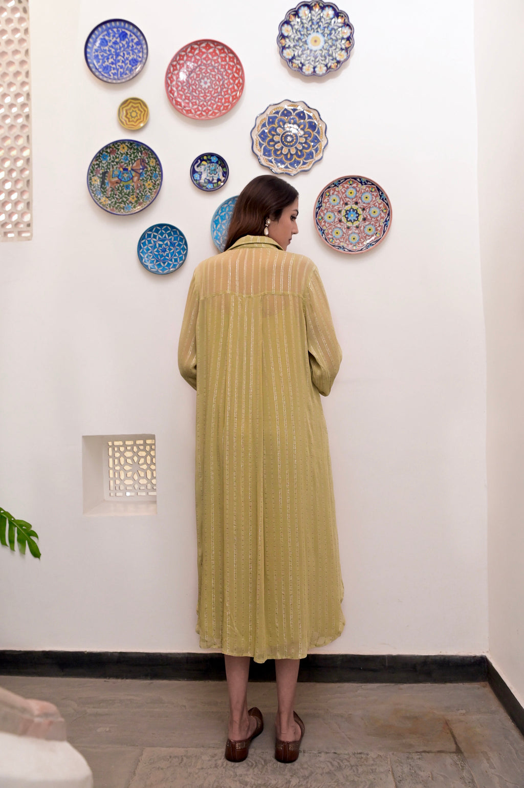 Yellow Cotton Crepe Shirt Dress at Kamakhyaa by Taro. This item is Chaandi, Cotton, Cotton Lurex, Natural, Regular Fit, Shirt Dresses, Silver, Solids, Womenswear, Yellow