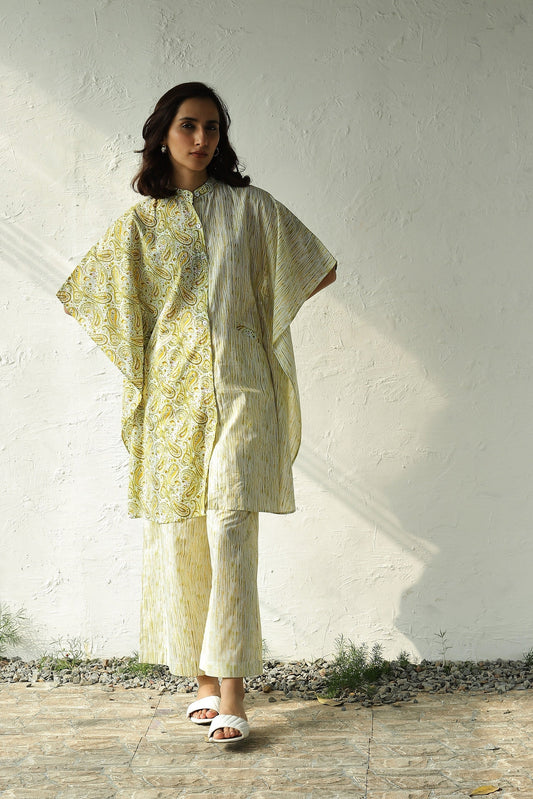 Yellow Cotton Kaftan Style Co-Ord Set at Kamakhyaa by Canoopi. This item is Canoopi, Casual Wear, Cotton, Green, Indian Wear, Kurta Pant Sets, Natural, Prints, Regular Fit, Womenswear