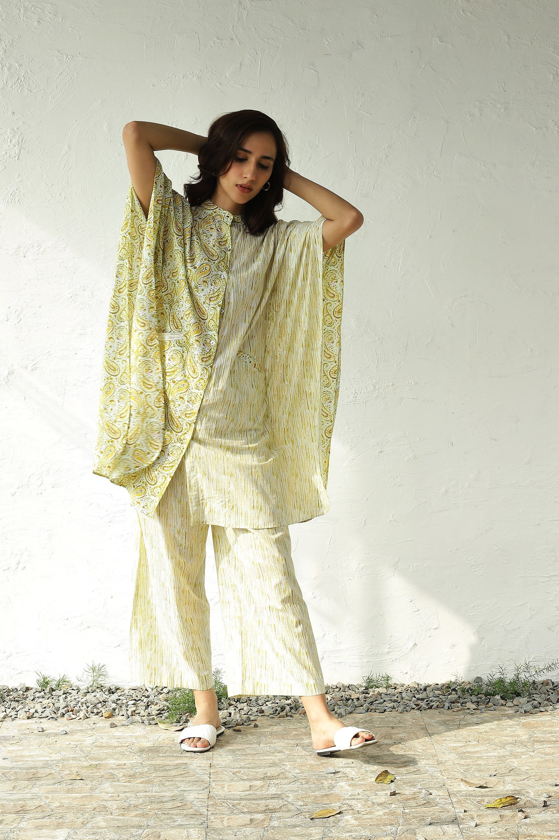 Yellow Cotton Kaftan Style Co-Ord Set at Kamakhyaa by Canoopi. This item is Canoopi, Casual Wear, Cotton, Green, Indian Wear, Kurta Pant Sets, Natural, Prints, Regular Fit, Womenswear