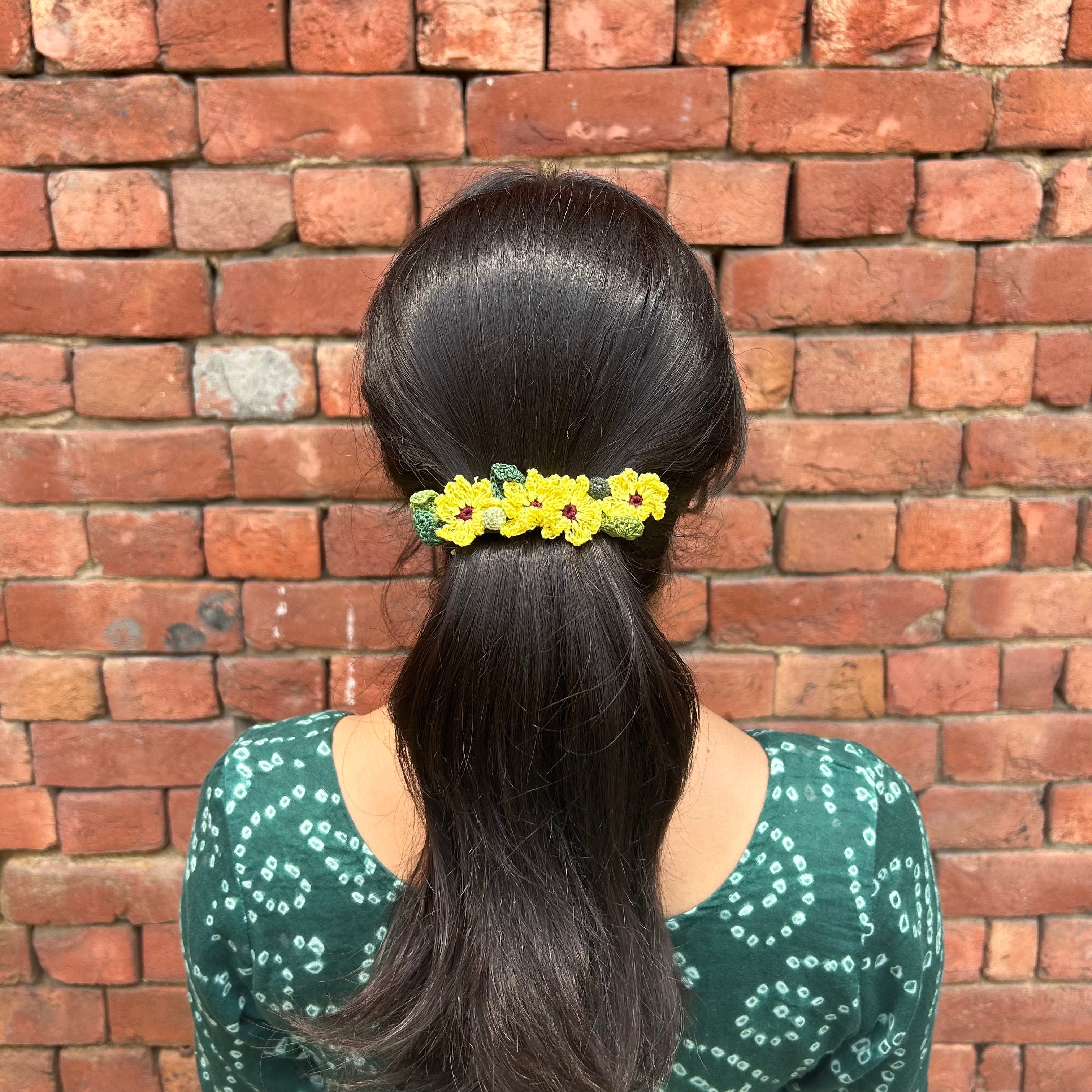 Yellow Crochet Hair Clip at Kamakhyaa by Ikriit'm. This item is Accessories, Cotton yarn, Crochet, Free Size, Hair Accessories, Ikriit'm, Natural, Yellow
