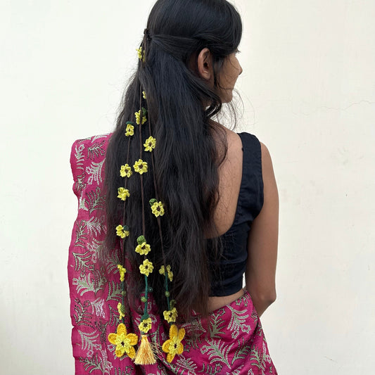 Yellow Crochet Hair Parandi at Kamakhyaa by Ikriit'm. This item is Accessories, Cotton yarn, Crochet, Free Size, Hair Accessories, Ikriit'm, Natural, Yellow