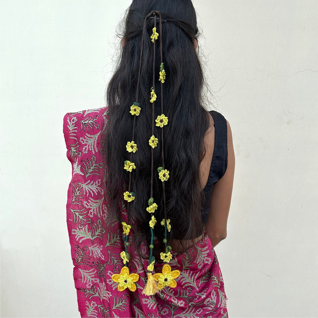 Yellow Crochet Hair Parandi at Kamakhyaa by Ikriit'm. This item is Accessories, Cotton yarn, Crochet, Free Size, Hair Accessories, Ikriit'm, Natural, Yellow