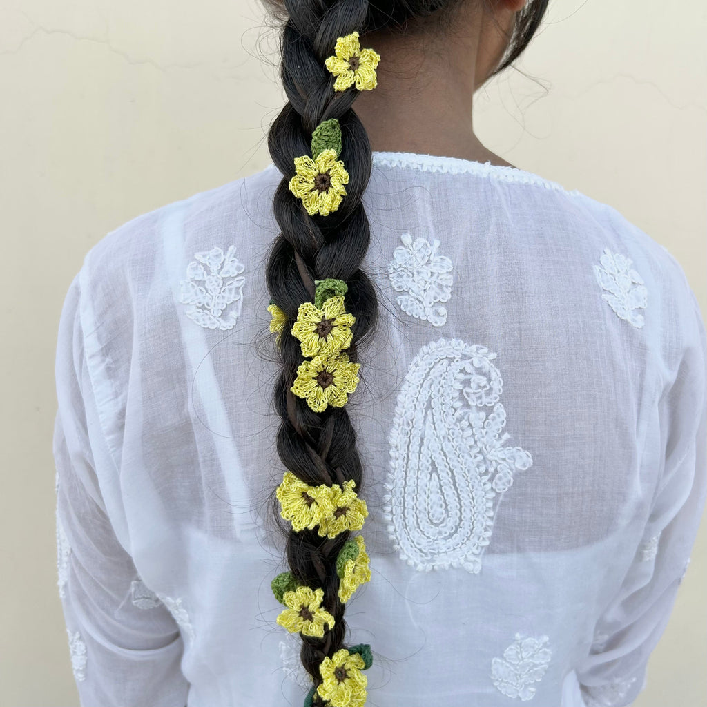 Yellow Crochet Hair Parandi at Kamakhyaa by Ikriit'm. This item is Accessories, Cotton yarn, Crochet, Free Size, Hair Accessories, Ikriit'm, Natural, Yellow
