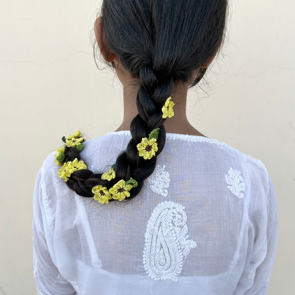 Yellow Crochet Hair Parandi at Kamakhyaa by Ikriit'm. This item is Accessories, Cotton yarn, Crochet, Free Size, Hair Accessories, Ikriit'm, Natural, Yellow