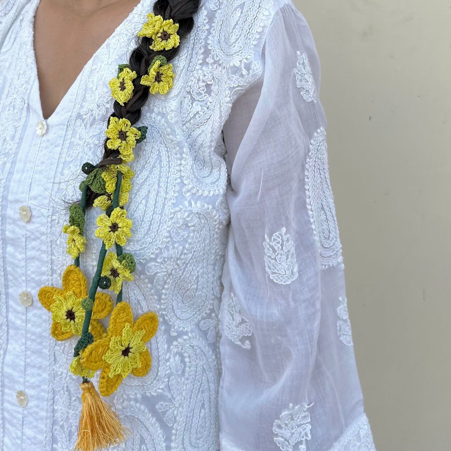 Yellow Crochet Hair Parandi at Kamakhyaa by Ikriit'm. This item is Accessories, Cotton yarn, Crochet, Free Size, Hair Accessories, Ikriit'm, Natural, Yellow