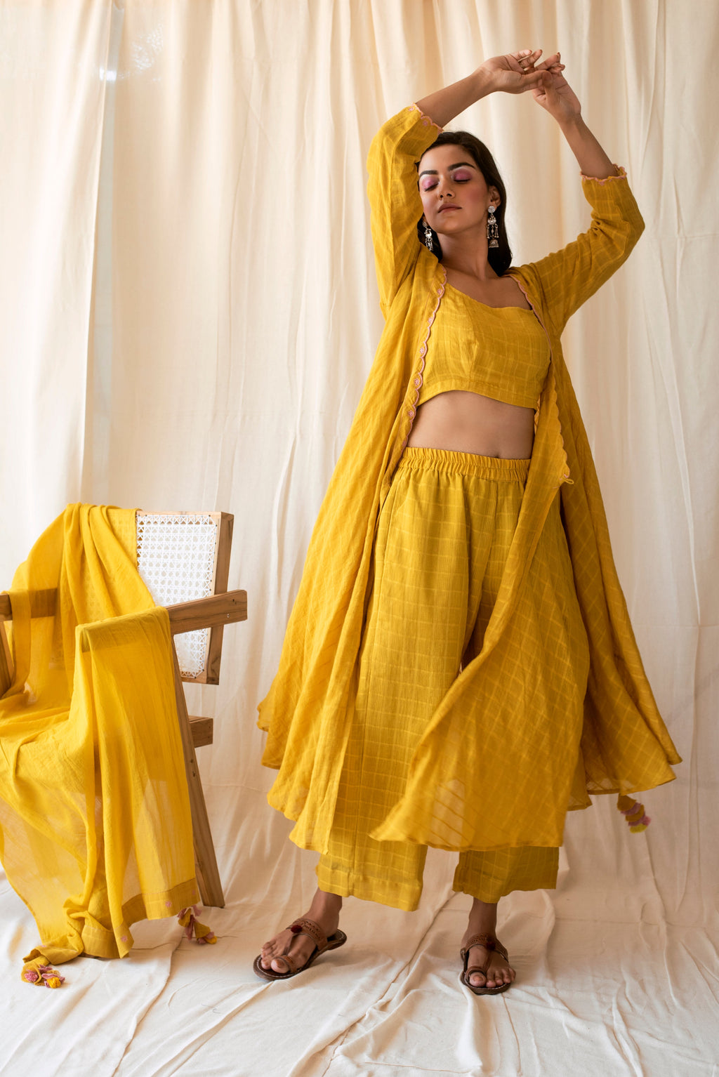 Yellow Embroidered Cotton Kurta Set WIth Dupatta at Kamakhyaa by Taro. This item is Checks, Evening Wear, Indian Wear, July Sale, July Sale 2023, Kurta Palazzo Sets, Kurta Set With Dupatta, Natural, Regular Fit, Rozana Taro, Womenswear, Yellow