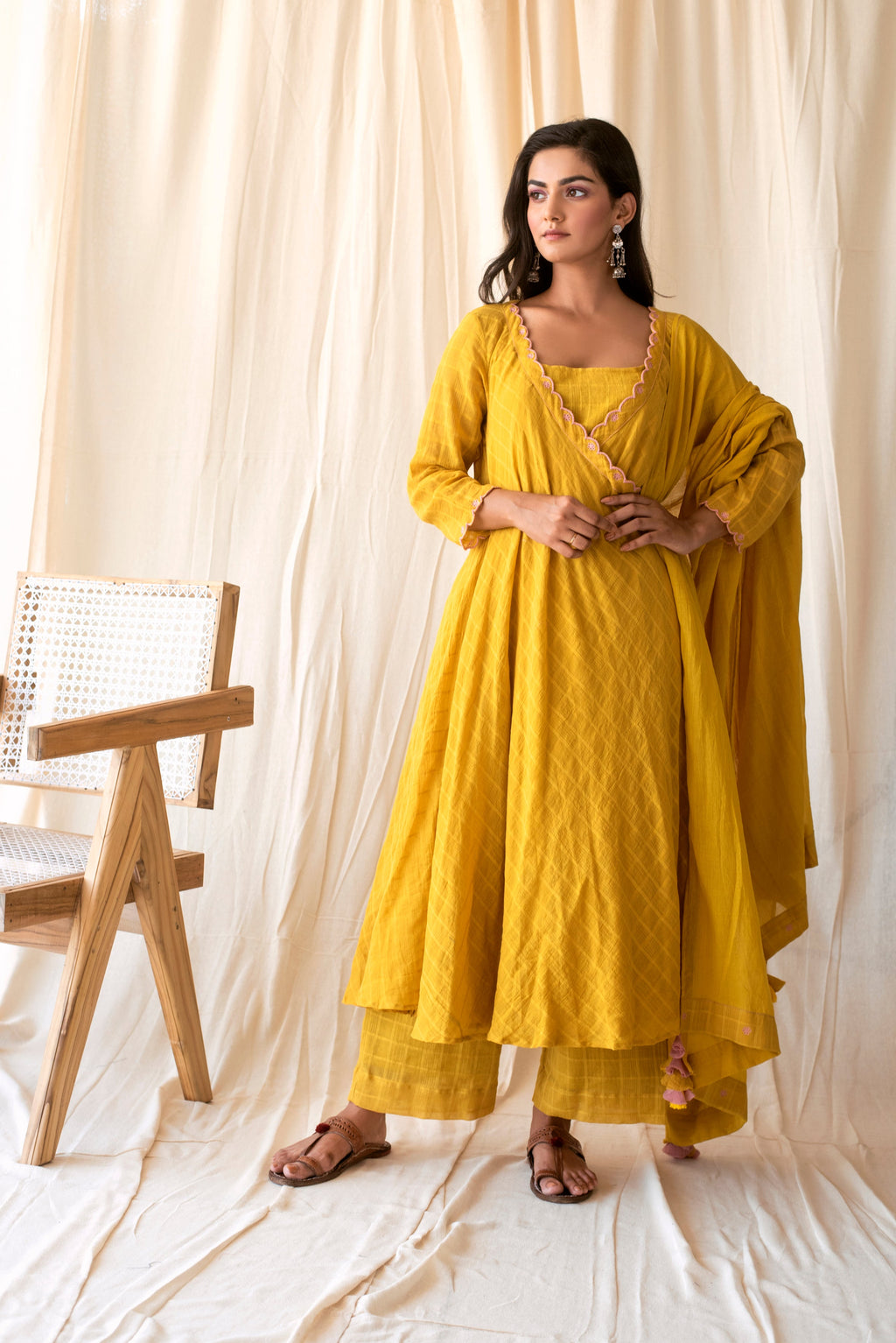 Yellow Embroidered Cotton Kurta Set WIth Dupatta at Kamakhyaa by Taro. This item is Checks, Evening Wear, Indian Wear, July Sale, July Sale 2023, Kurta Palazzo Sets, Kurta Set With Dupatta, Natural, Regular Fit, Rozana Taro, Womenswear, Yellow