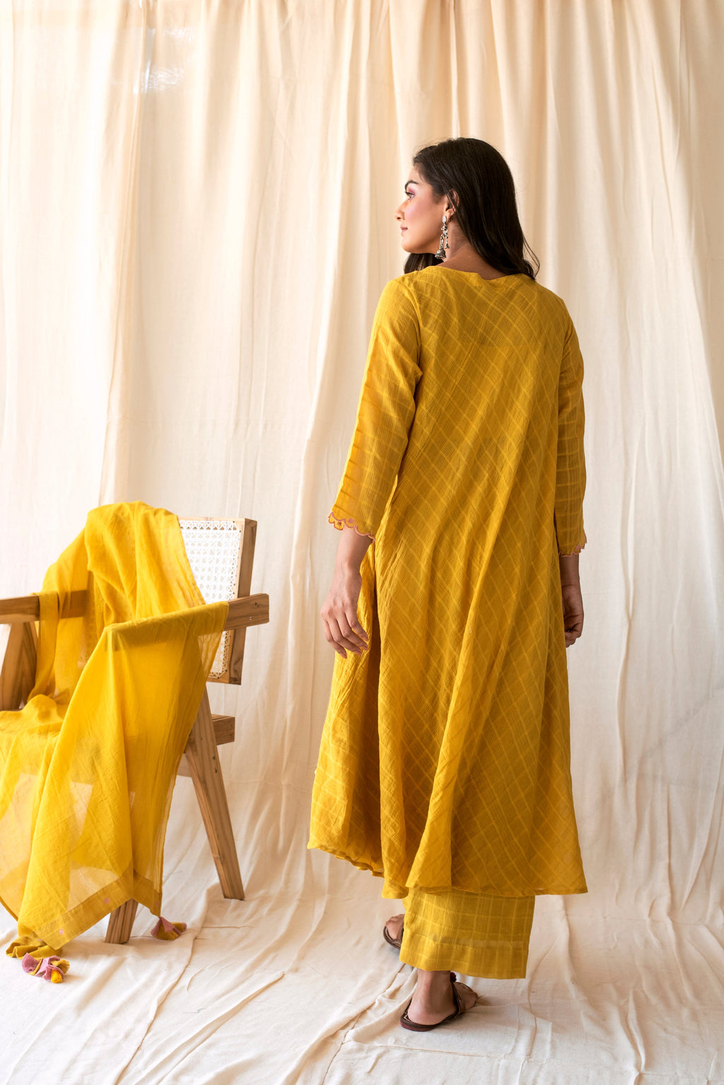 Yellow Embroidered Cotton Kurta Set WIth Dupatta at Kamakhyaa by Taro. This item is Checks, Evening Wear, Indian Wear, July Sale, July Sale 2023, Kurta Palazzo Sets, Kurta Set With Dupatta, Natural, Regular Fit, Rozana Taro, Womenswear, Yellow