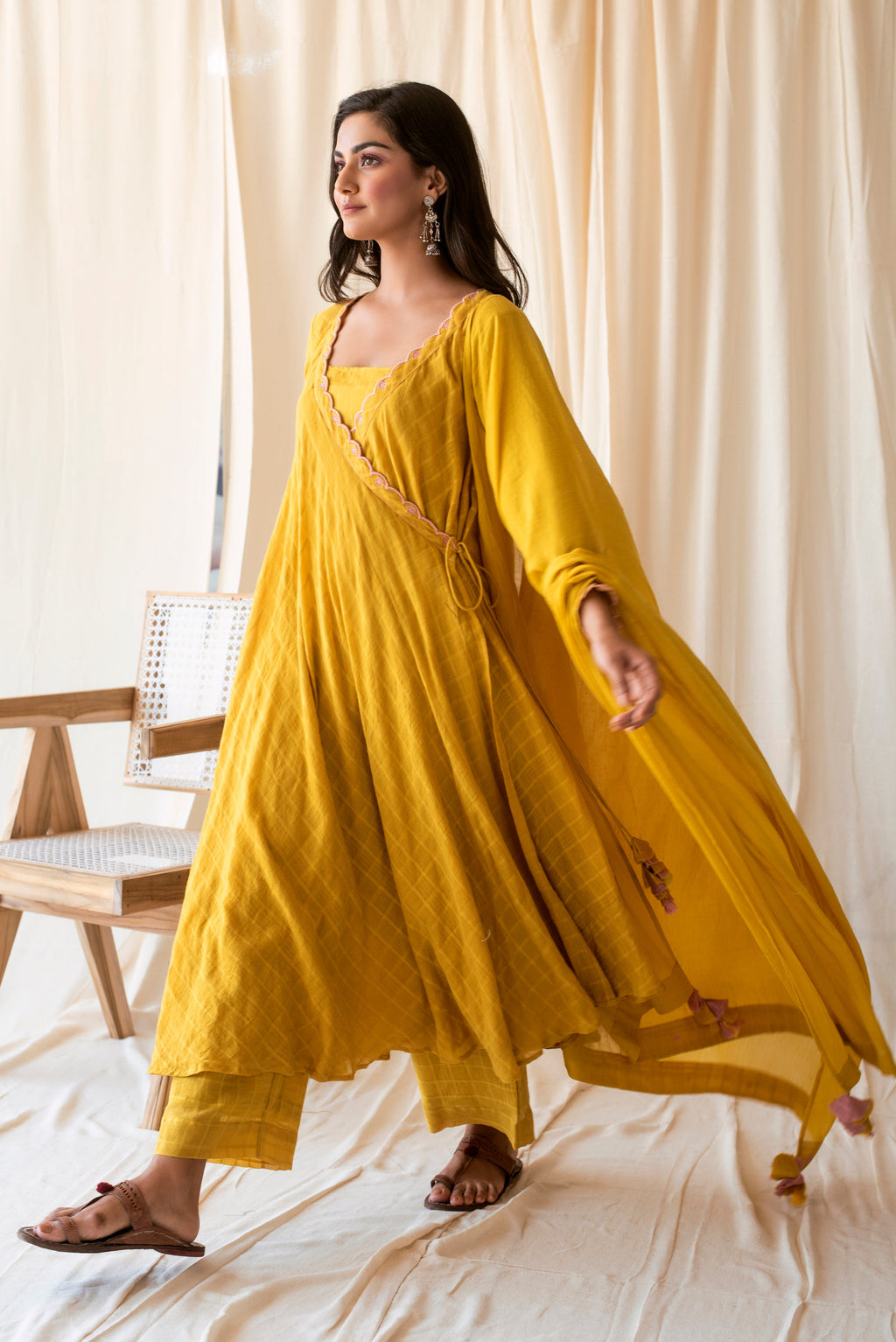 Yellow Embroidered Cotton Kurta Set WIth Dupatta at Kamakhyaa by Taro. This item is Checks, Evening Wear, Indian Wear, July Sale, July Sale 2023, Kurta Palazzo Sets, Kurta Set With Dupatta, Natural, Regular Fit, Rozana Taro, Womenswear, Yellow