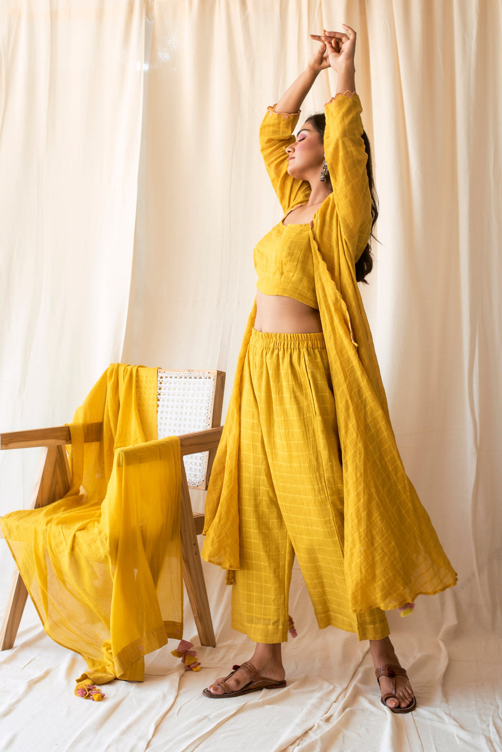 Yellow Embroidered Cotton Kurta Set WIth Dupatta at Kamakhyaa by Taro. This item is Checks, Evening Wear, Indian Wear, July Sale, July Sale 2023, Kurta Palazzo Sets, Kurta Set With Dupatta, Natural, Regular Fit, Rozana Taro, Womenswear, Yellow