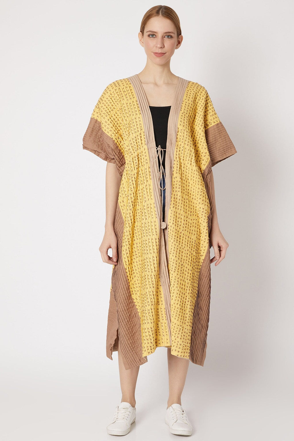 Yellow Embroidered Shrug at Kamakhyaa by Chambray & Co.. This item is Casual Wear, Cotton, Natural, Regular Fit, Shrugs, Solids, Womenswear, Yellow