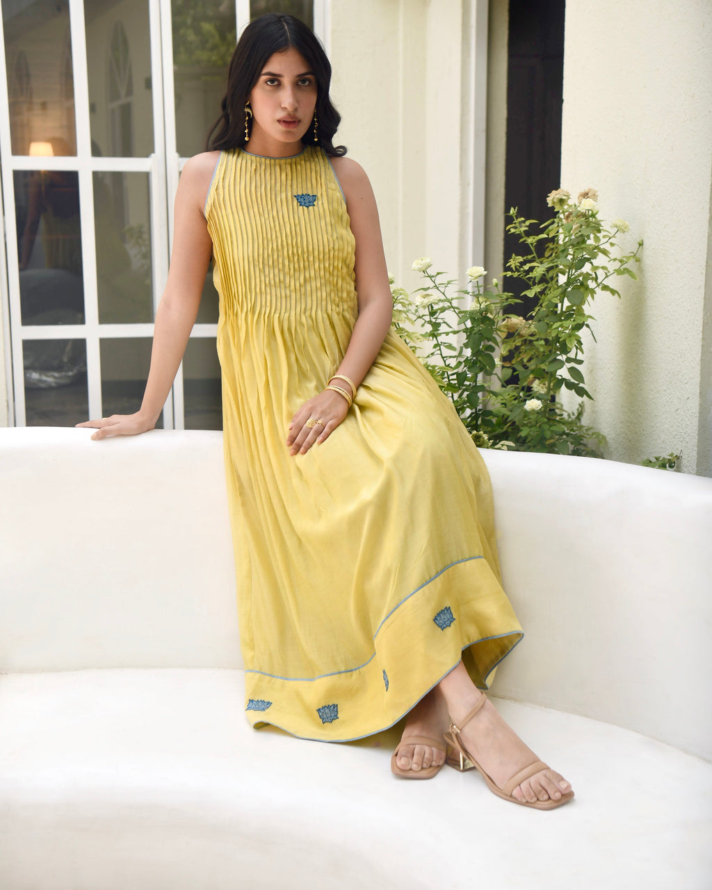 Yellow Embroidered Silk Maxi Dress at Kamakhyaa by Taro. This item is Bangalore Silk, Best Selling, Dusk To Dawn, Embroidered, Evening Wear, FB ADS JUNE, Halter Neck Dresses, July Sale, July Sale 2023, Maxi Dresses, Natural, Regular Fit, Silk, Womenswear, Yellow