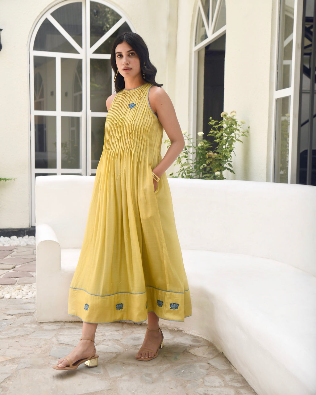 Yellow Embroidered Silk Maxi Dress at Kamakhyaa by Taro. This item is Bangalore Silk, Best Selling, Dusk To Dawn, Embroidered, Evening Wear, FB ADS JUNE, Halter Neck Dresses, July Sale, July Sale 2023, Maxi Dresses, Natural, Regular Fit, Silk, Womenswear, Yellow