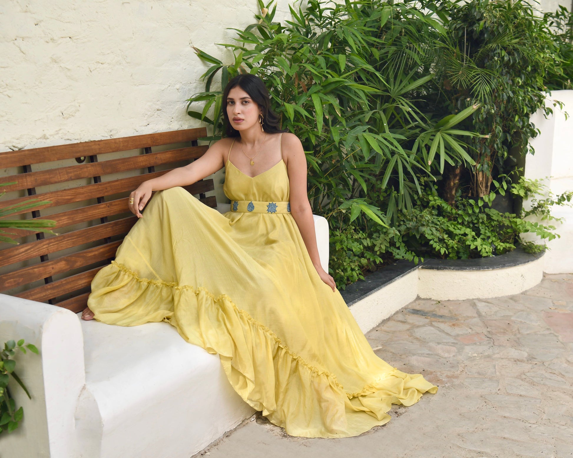Yellow Embroidered Silk Maxi Dress at Kamakhyaa by Taro. This item is Best Selling, Dusk To Dawn, Embroidered, Evening Wear, FB ADS JUNE, July Sale, July Sale 2023, Maxi Dresses, Modal silk, Natural, Regular Fit, Silk, Sleeveless Dresses, Womenswear, Yellow