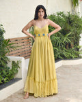 Yellow Embroidered Silk Maxi Dress at Kamakhyaa by Taro. This item is Best Selling, Dusk To Dawn, Embroidered, Evening Wear, FB ADS JUNE, July Sale, July Sale 2023, Maxi Dresses, Modal silk, Natural, Regular Fit, Silk, Sleeveless Dresses, Womenswear, Yellow