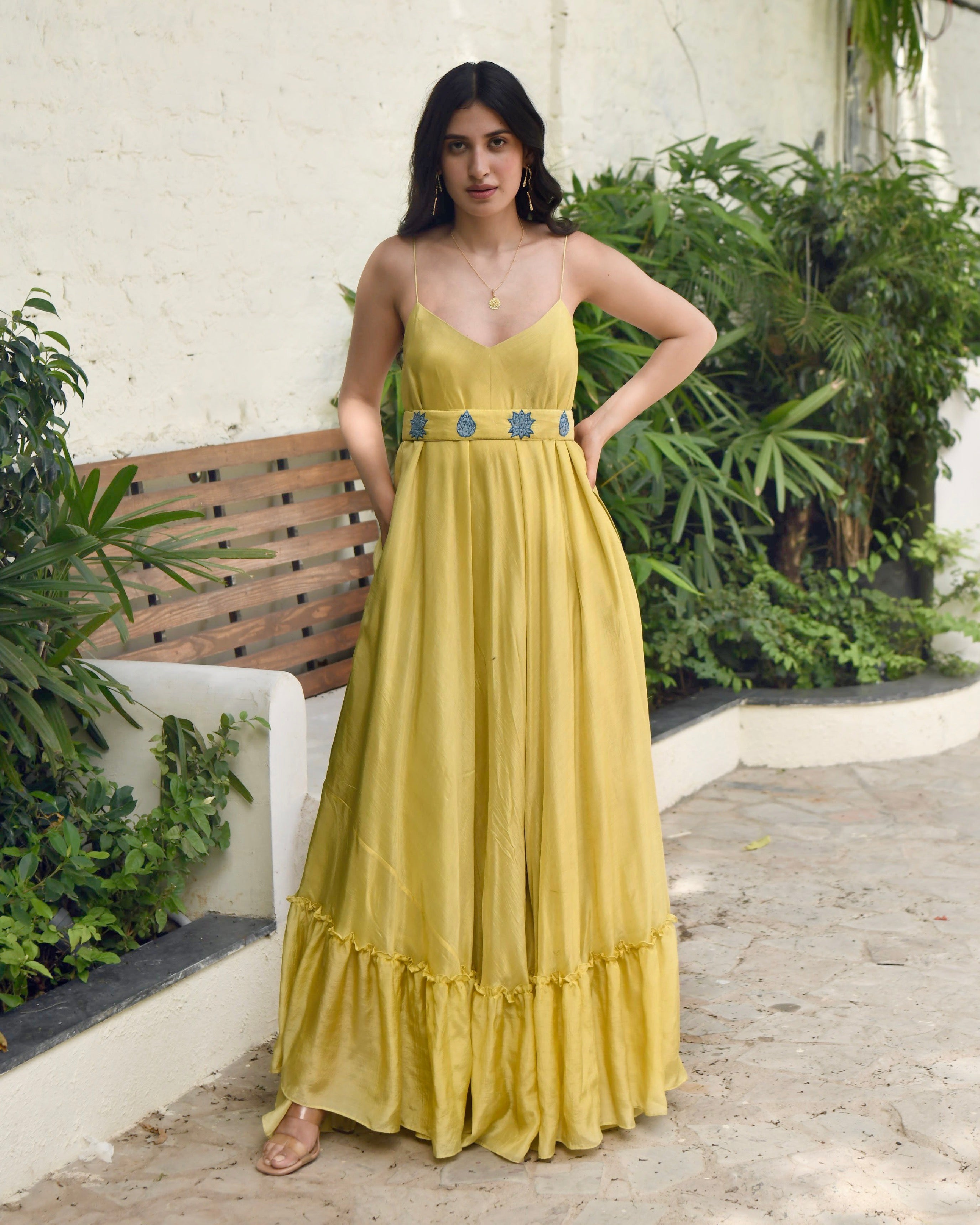 Yellow Embroidered Silk Maxi Dress XL by Kamakhyaa Yellow Embroidered Silk Maxi Dress XL by Kamakhyaa