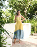 Yellow Embroidered Silk Maxi Dress at Kamakhyaa by Taro. This item is Blue, Dusk To Dawn, Embroidered, Evening Wear, July Sale, July Sale 2023, Maxi Dresses, Modal silk, Natural, Regular Fit, Silk, Sleeveless Dresses, Womenswear