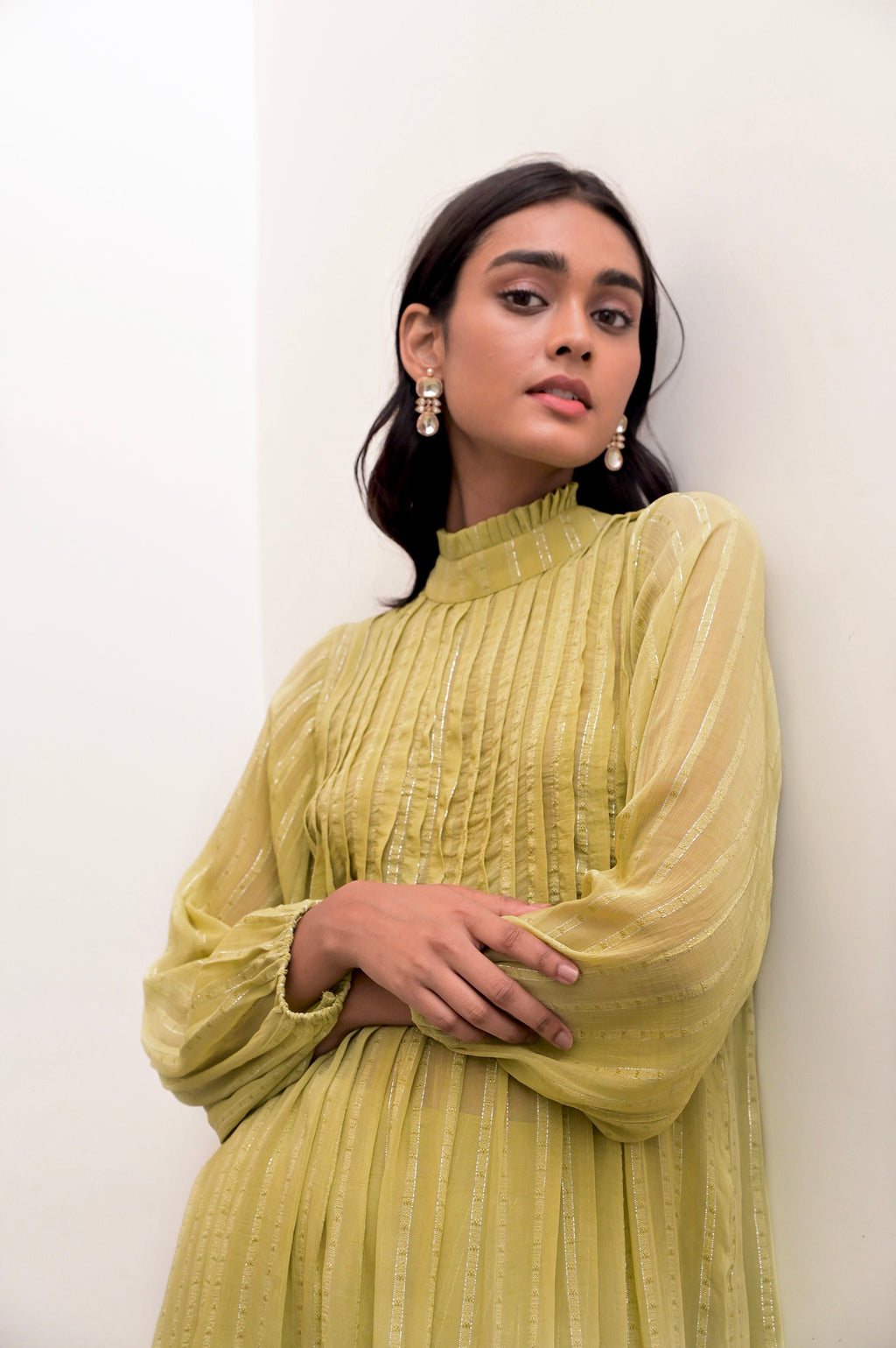 Yellow Fan Pleated Collar Co-ord Set at Kamakhyaa by Taro. This item is Beige, Chaandi, Co-ord Sets, Cotton, Cotton Lurex, Natural, Regular Fit, Silver, Solids, Womenswear, Yellow